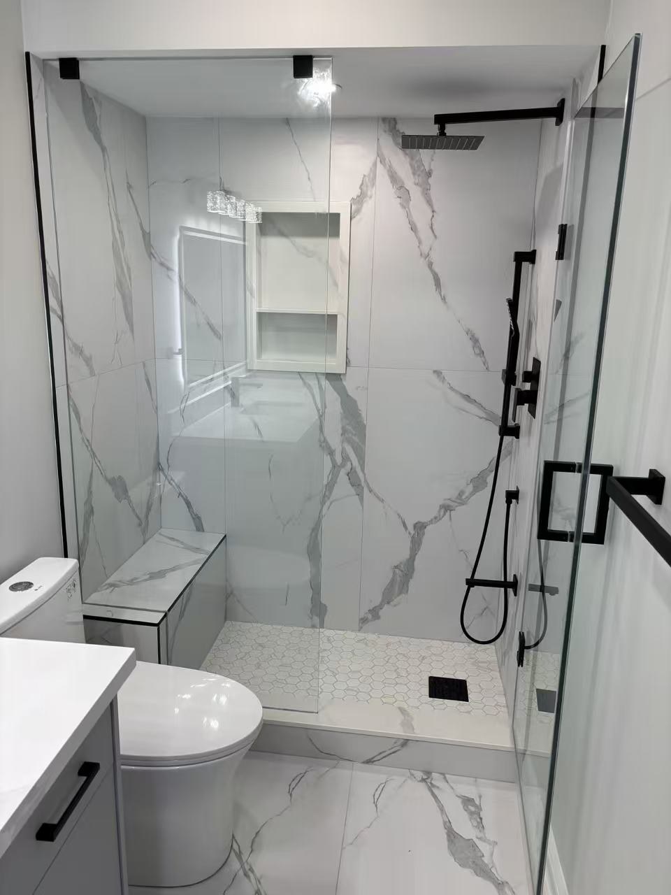 Floating vanity with under-cabinet LED strip lighting